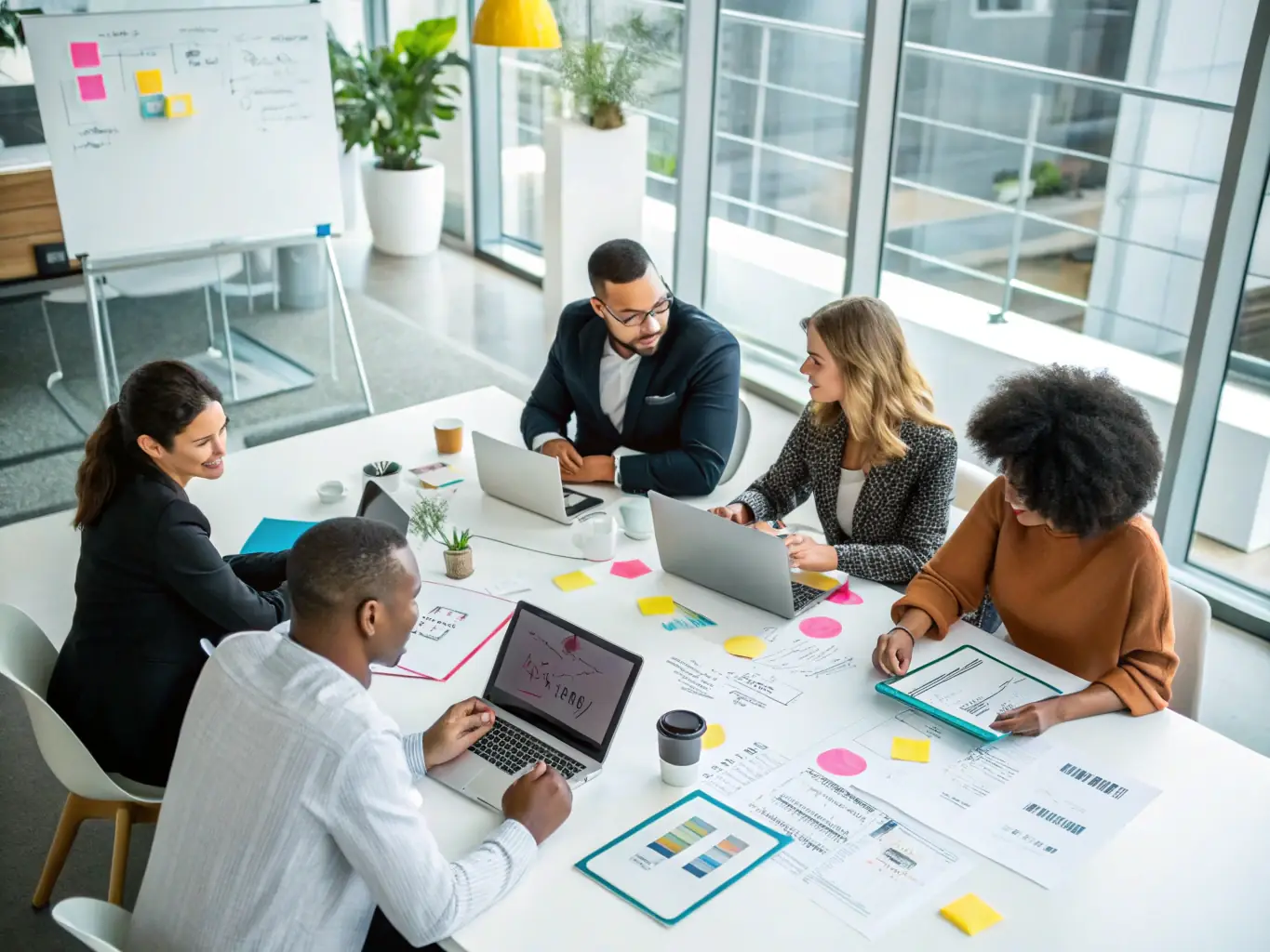 An image of a team collaborating over a digital marketing plan on a laptop, symbolizing strategic planning and teamwork.