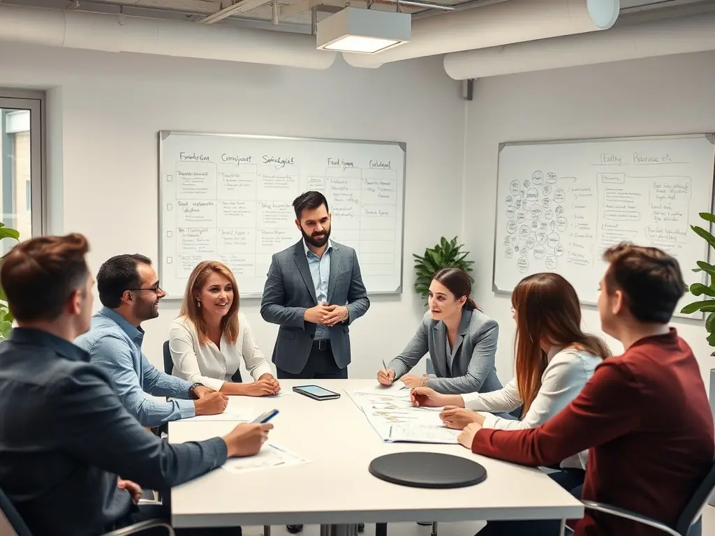 A professional photograph showcasing a team brainstorming session in a modern office, emphasizing collaboration and strategic planning for a digital marketing campaign.