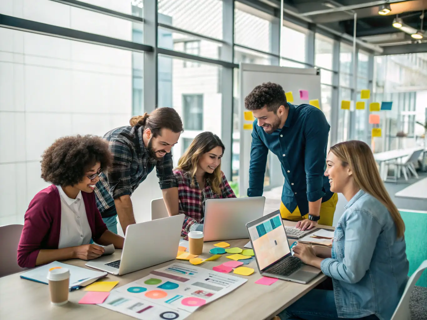 A professional workspace with a digital marketing strategy plan laid out on a table, surrounded by laptops and marketing materials, symbolizing strategic planning.